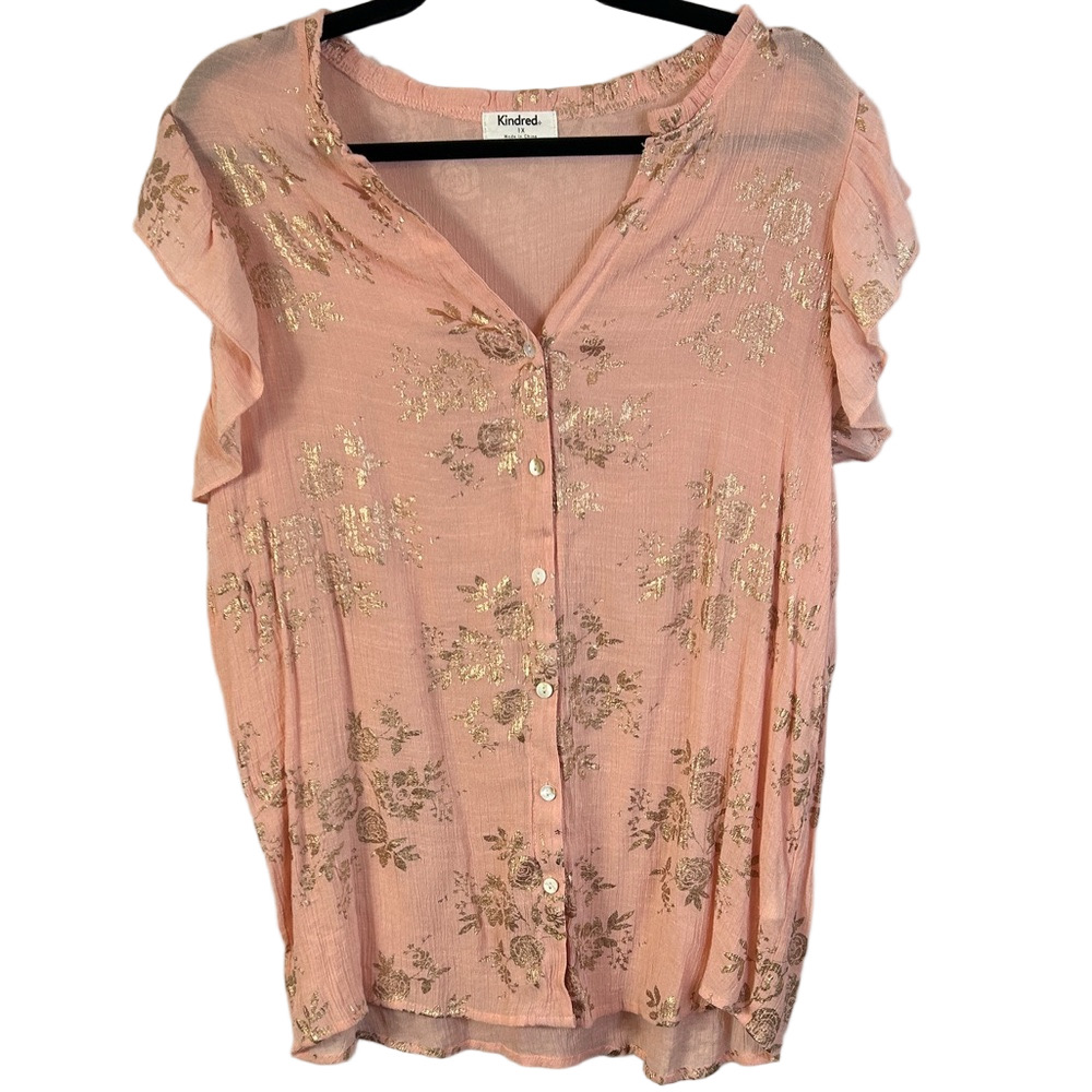 Kindred Pink Floral Button-Up Blouse Gold Embossed Floral Flutter Sleeve Blouse